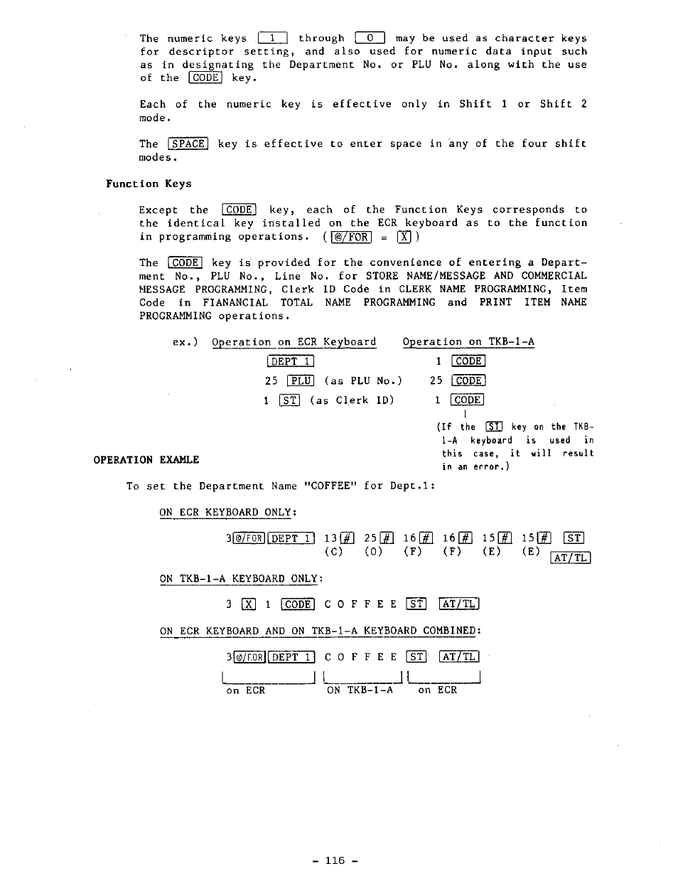 L¥e~pyil 1 icodel, To set the department name "coffee" for dept.1, 3 h 1 icodel coffee [st] |at/tl | 3fwfi)~rlldept h coffee [sf] |at/tl, I _ _ _ _ _ _ _ _ _ _ _ _ i | Toshiba TEC MA-1100-100 SERIES User Manual | Page 120 / 136