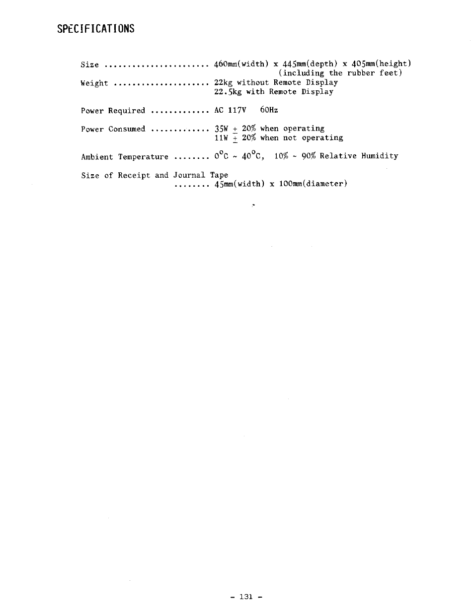 Spécifications, Specifications | Toshiba TEC MA-1100-100 SERIES User Manual | Page 135 / 136