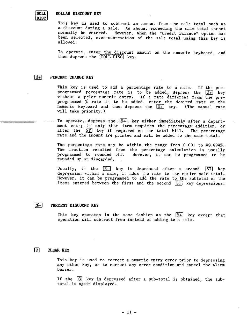 Dollar discount key, Gg percent charge key, O percent discount key | Clear key | Toshiba TEC MA-1100-100 SERIES User Manual | Page 15 / 136