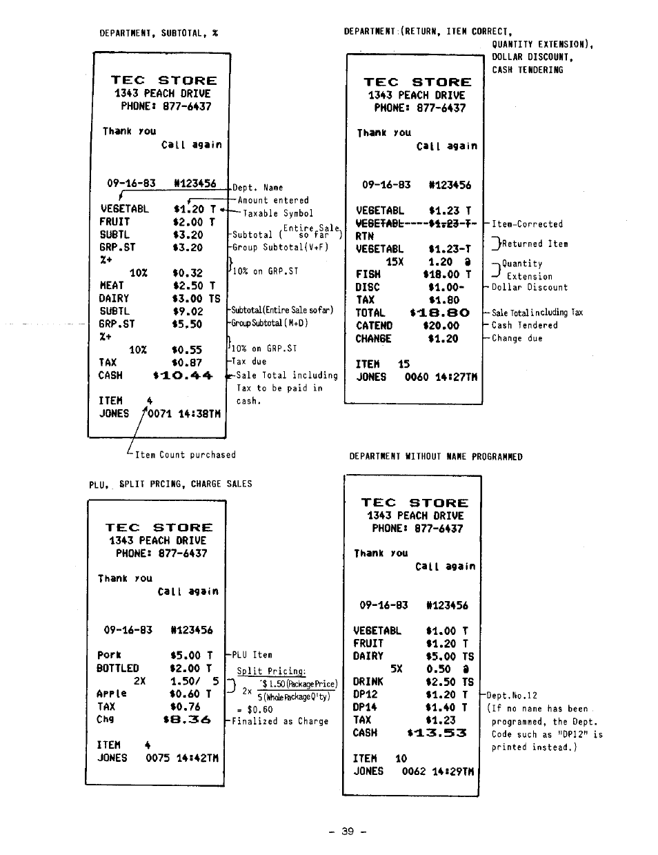 Tec store 1343 peach drive phone: 877-6437, Thank xou, Call again | 16-83 n123456 | Toshiba TEC MA-1100-100 SERIES User Manual | Page 43 / 136