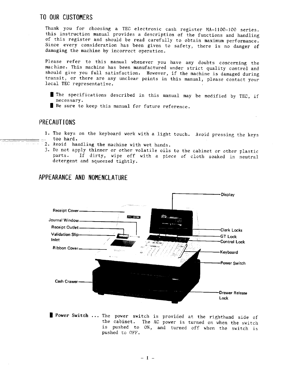 To our customers, Precautions, Appearance and nomenclature | Toshiba TEC MA-1100-100 SERIES User Manual | Page 5 / 136