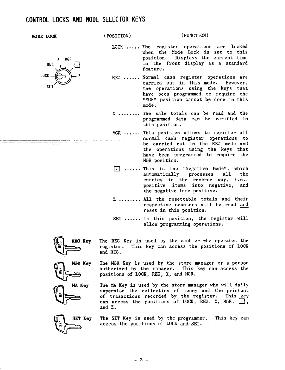 Control locks and mode selector keys, Mode lock | Toshiba TEC MA-1100-100 SERIES User Manual | Page 6 / 136