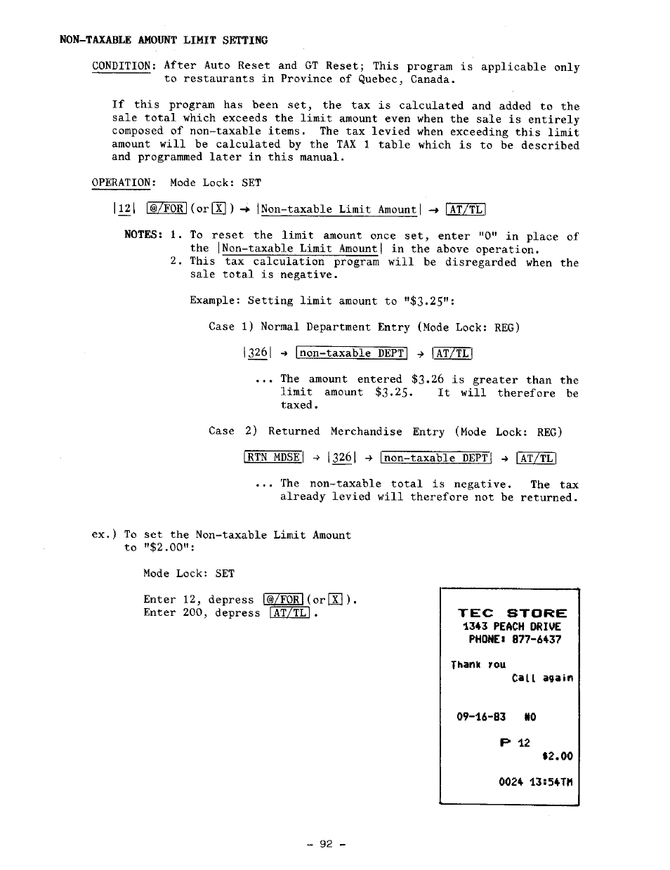 Non-taxable amount limit setting, Thank rou, Call again | 16-83 tto p 12, 00 0024 13:54tm, P 12 | Toshiba TEC MA-1100-100 SERIES User Manual | Page 96 / 136