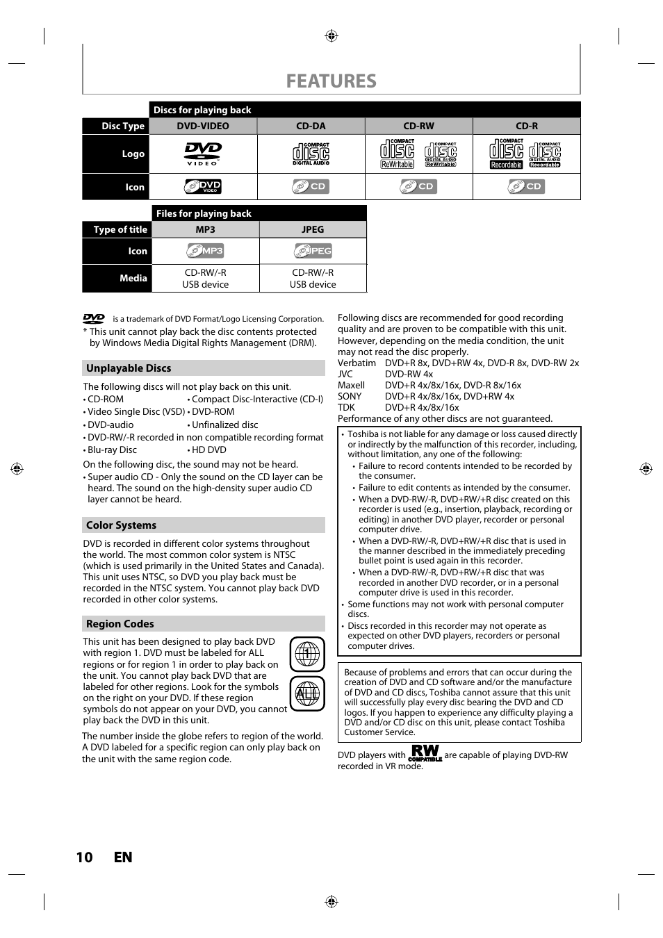 Features, 10 en en | Toshiba DR430KU User Manual | Page 10 / 103