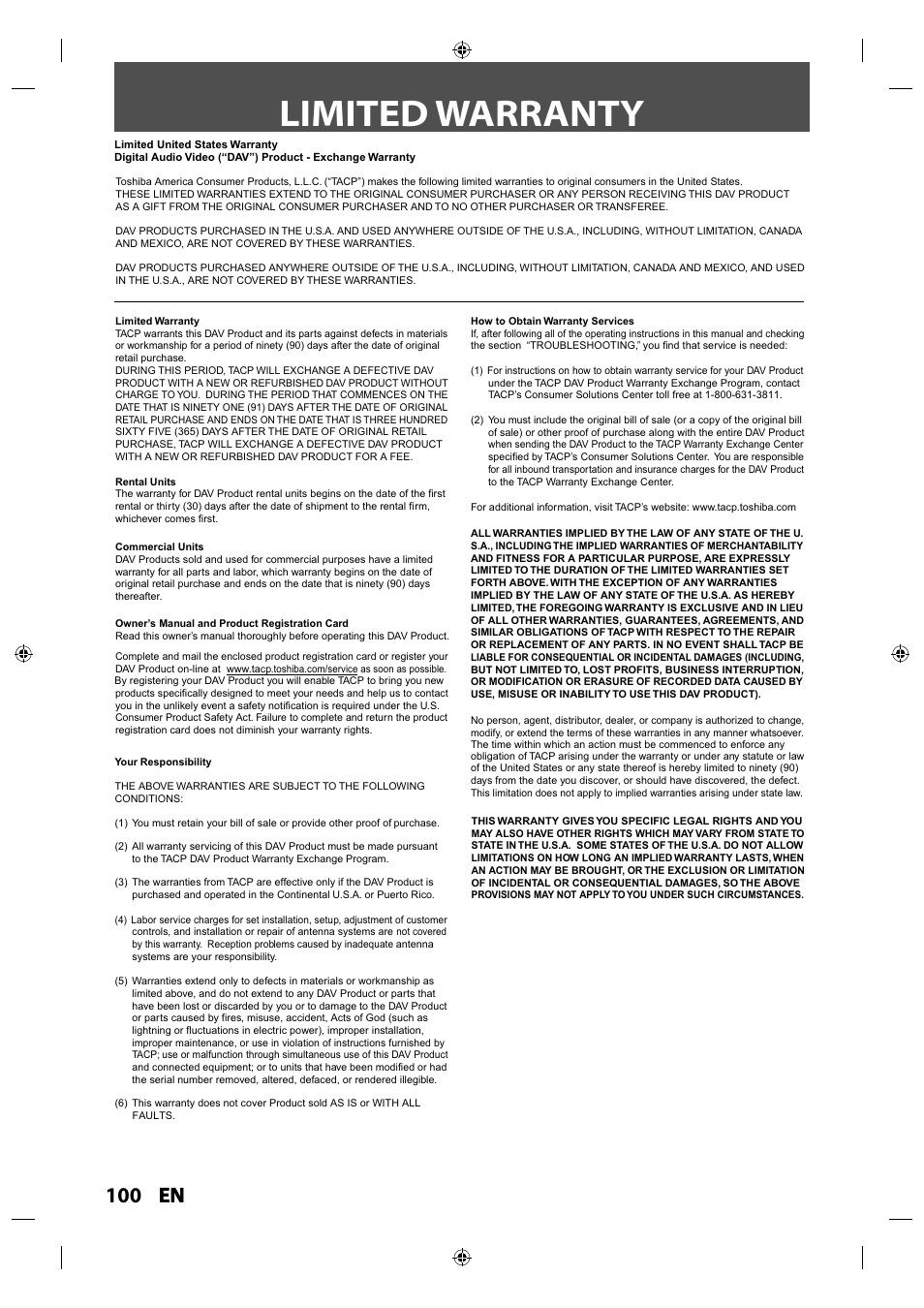 Limited warranty, 100 en en | Toshiba DR430KU User Manual | Page 100 / 103