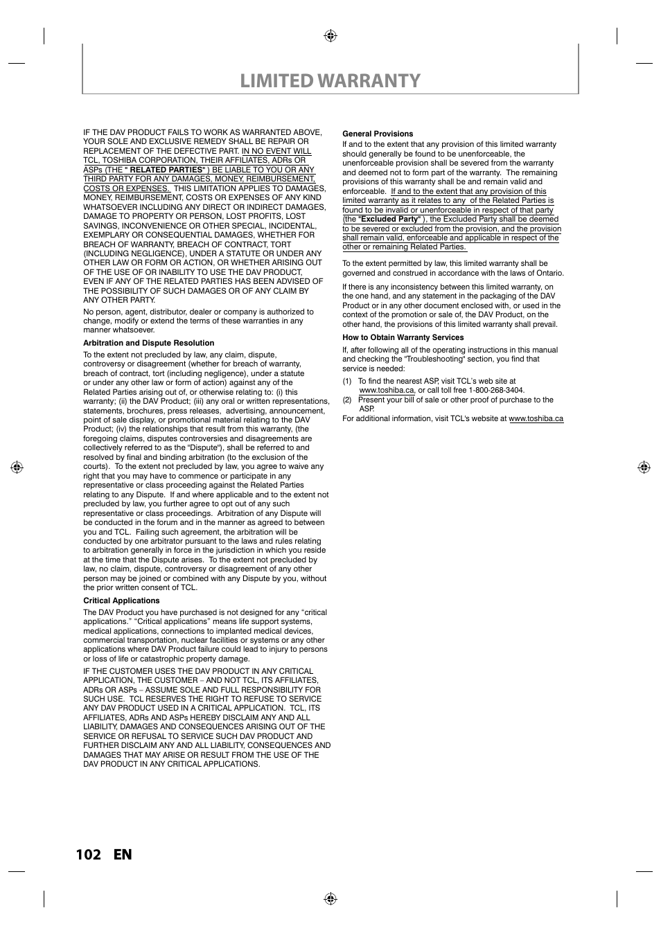 Limited warranty, 102 en en | Toshiba DR430KU User Manual | Page 102 / 103