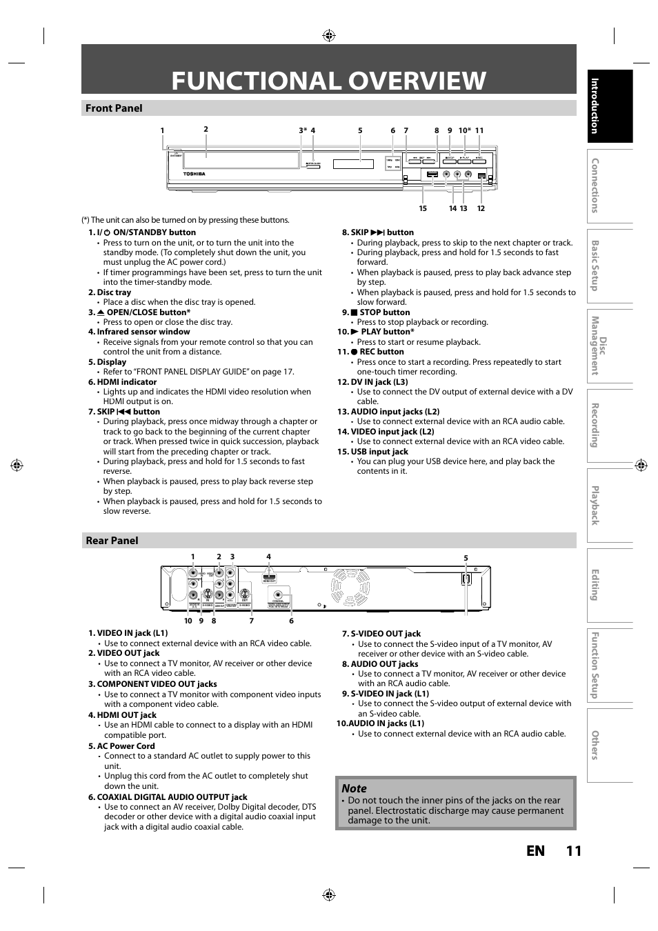 Functional overview, 11 en en, Front panel rear panel | Toshiba DR430KU User Manual | Page 11 / 103