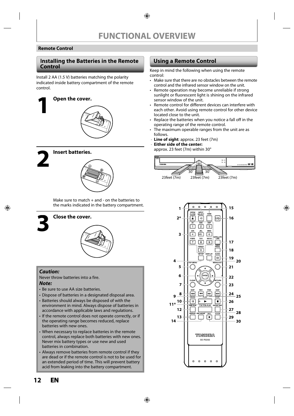 Functional overview, 12 en en, Installing the batteries in the remote control | Using a remote control, Caution, Open the cover, Insert batteries, Close the cover | Toshiba DR430KU User Manual | Page 12 / 103