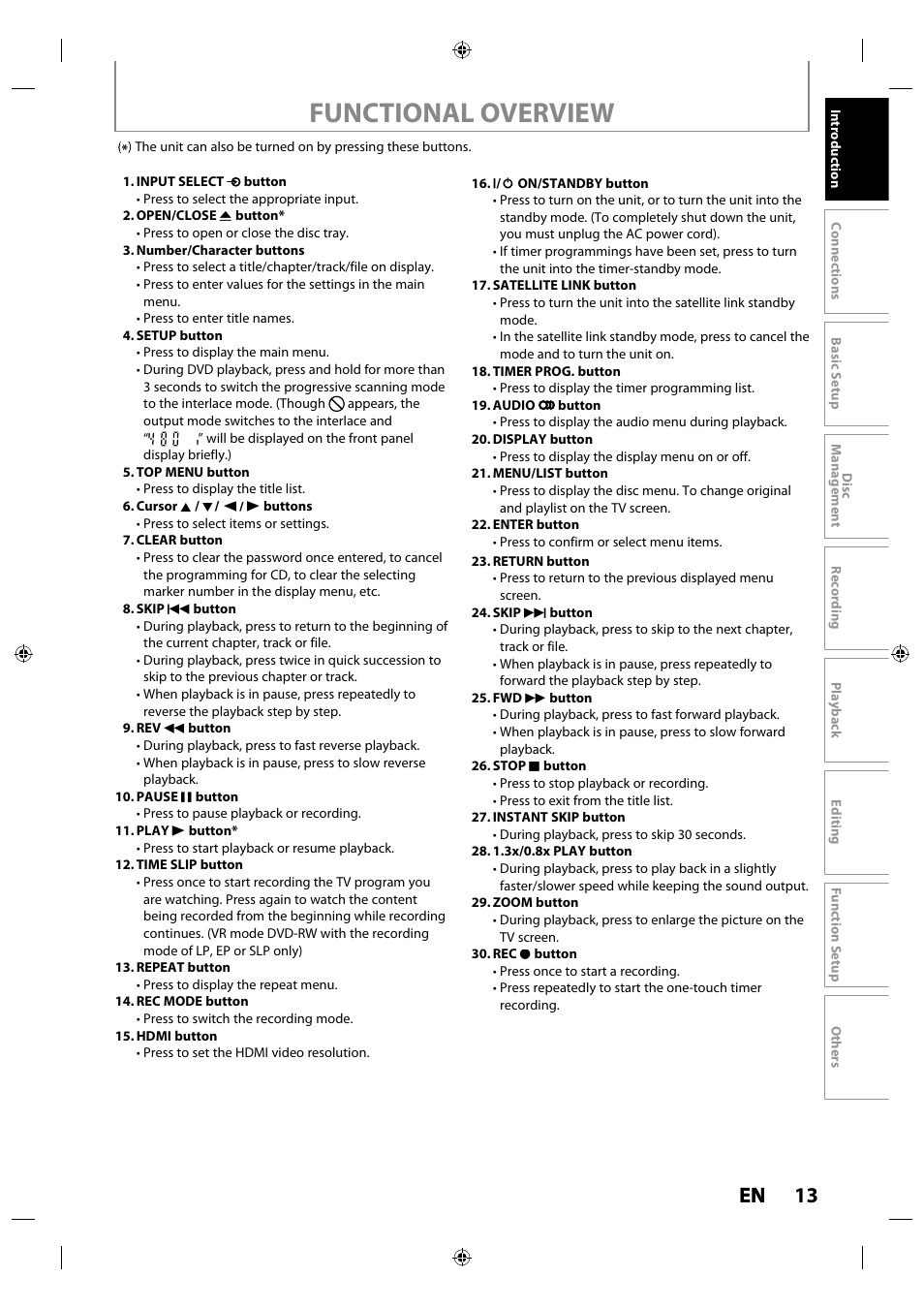 Functional overview, 13 en en | Toshiba DR430KU User Manual | Page 13 / 103