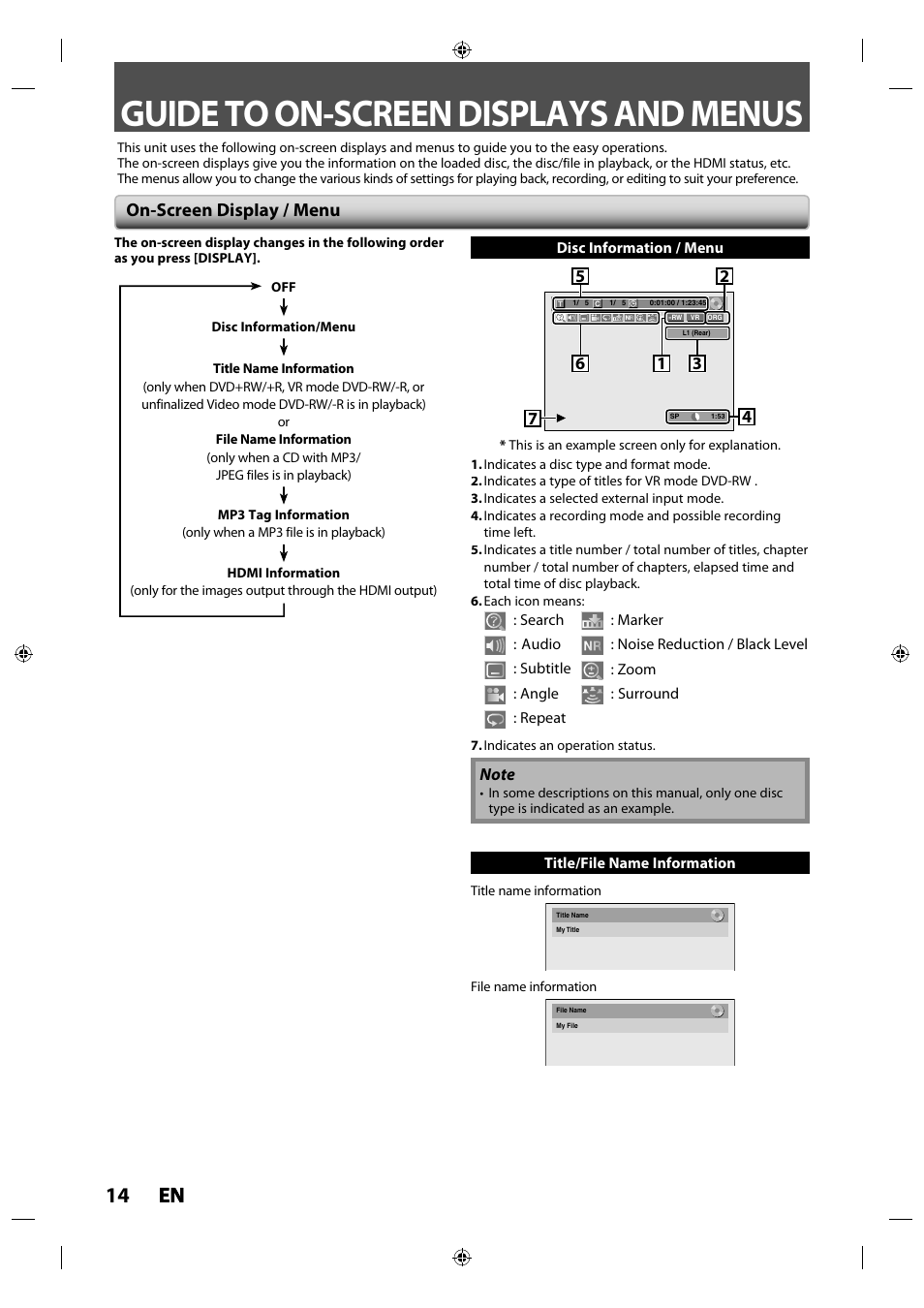 Guide to on-screen displays and menus, 14 en en, On-screen display / menu | Toshiba DR430KU User Manual | Page 14 / 103