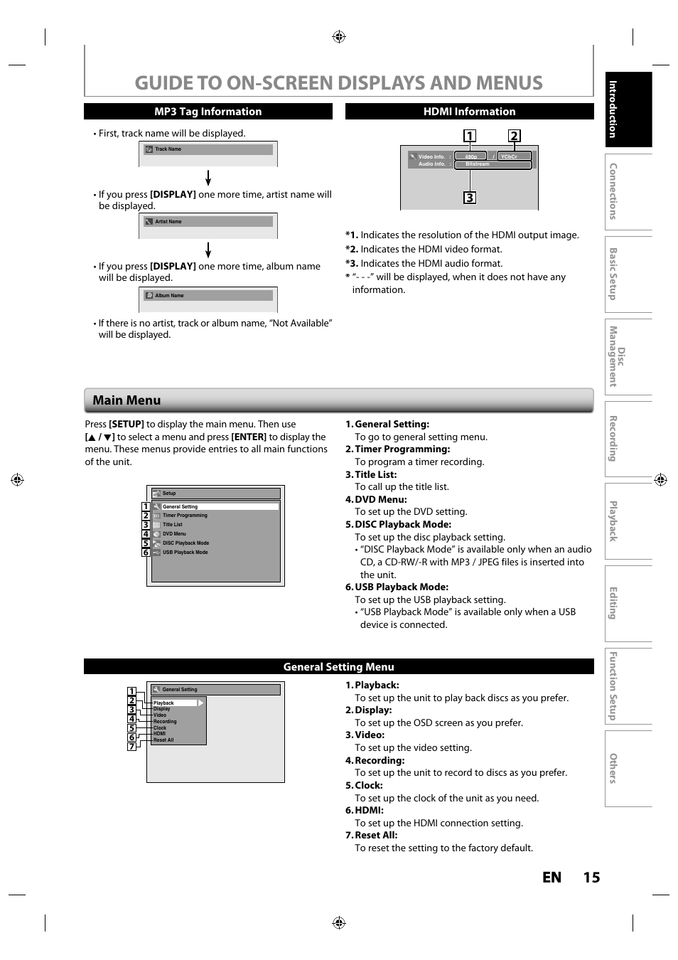 Guide to on-screen displays and menus, 15 en en, Main menu | Toshiba DR430KU User Manual | Page 15 / 103