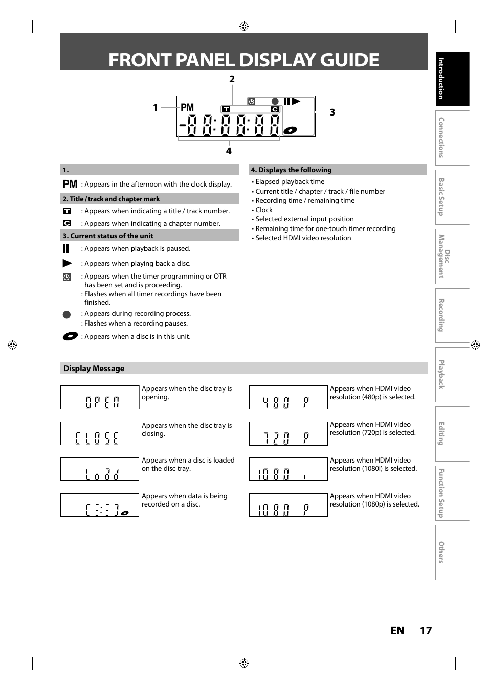 Front panel display guide, 17 en en | Toshiba DR430KU User Manual | Page 17 / 103