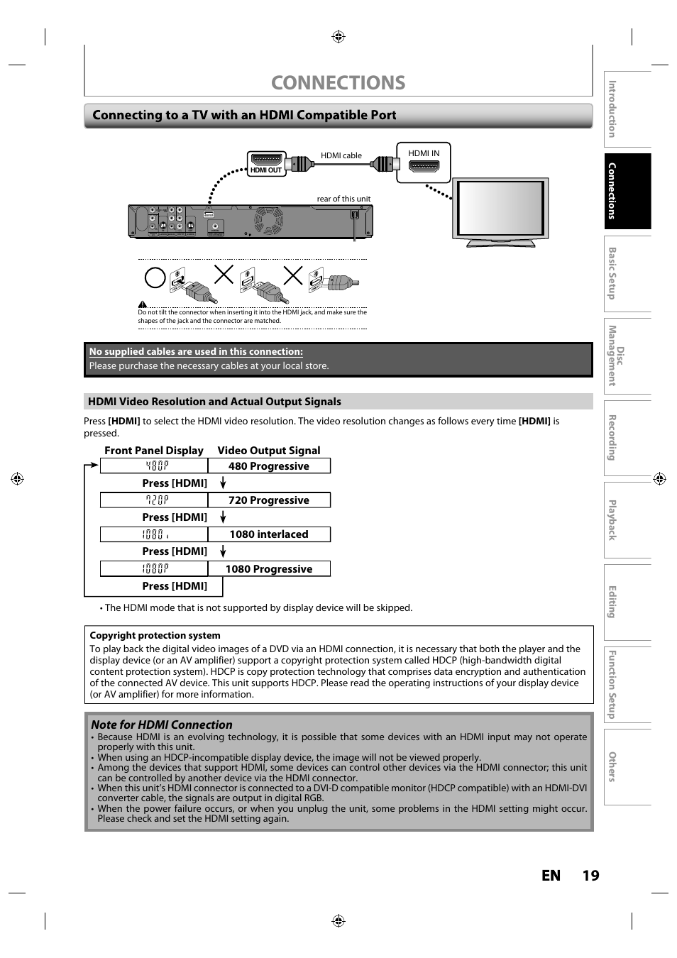 Connections, 19 en en, Hdmi video resolution and actual output signals | Toshiba DR430KU User Manual | Page 19 / 103