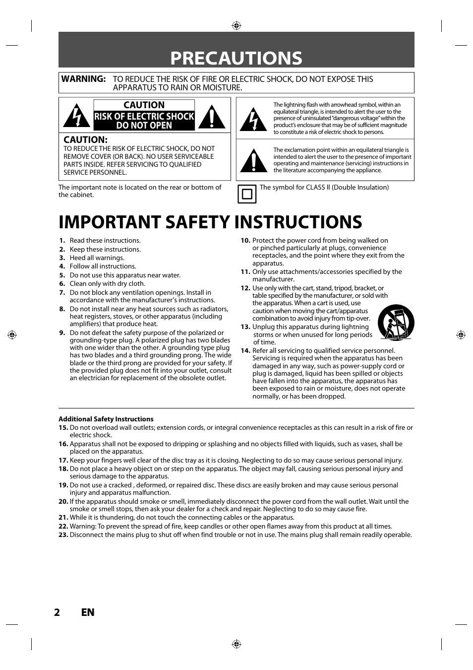 Precautions important safety instructions, 2en en, Caution | Caution risk of electric shock do not open | Toshiba DR430KU User Manual | Page 2 / 103