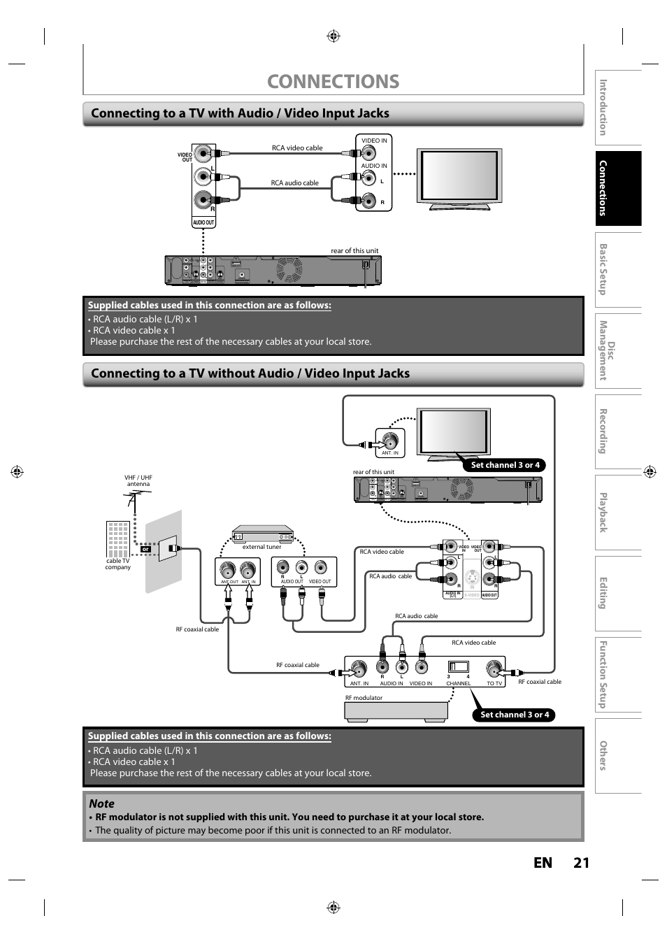 Connections, 21 en en, Connecting to a tv with audio / video input jacks | Ypr/cr pb/cb, Component video out, Set channel 3 or 4 | Toshiba DR430KU User Manual | Page 21 / 103