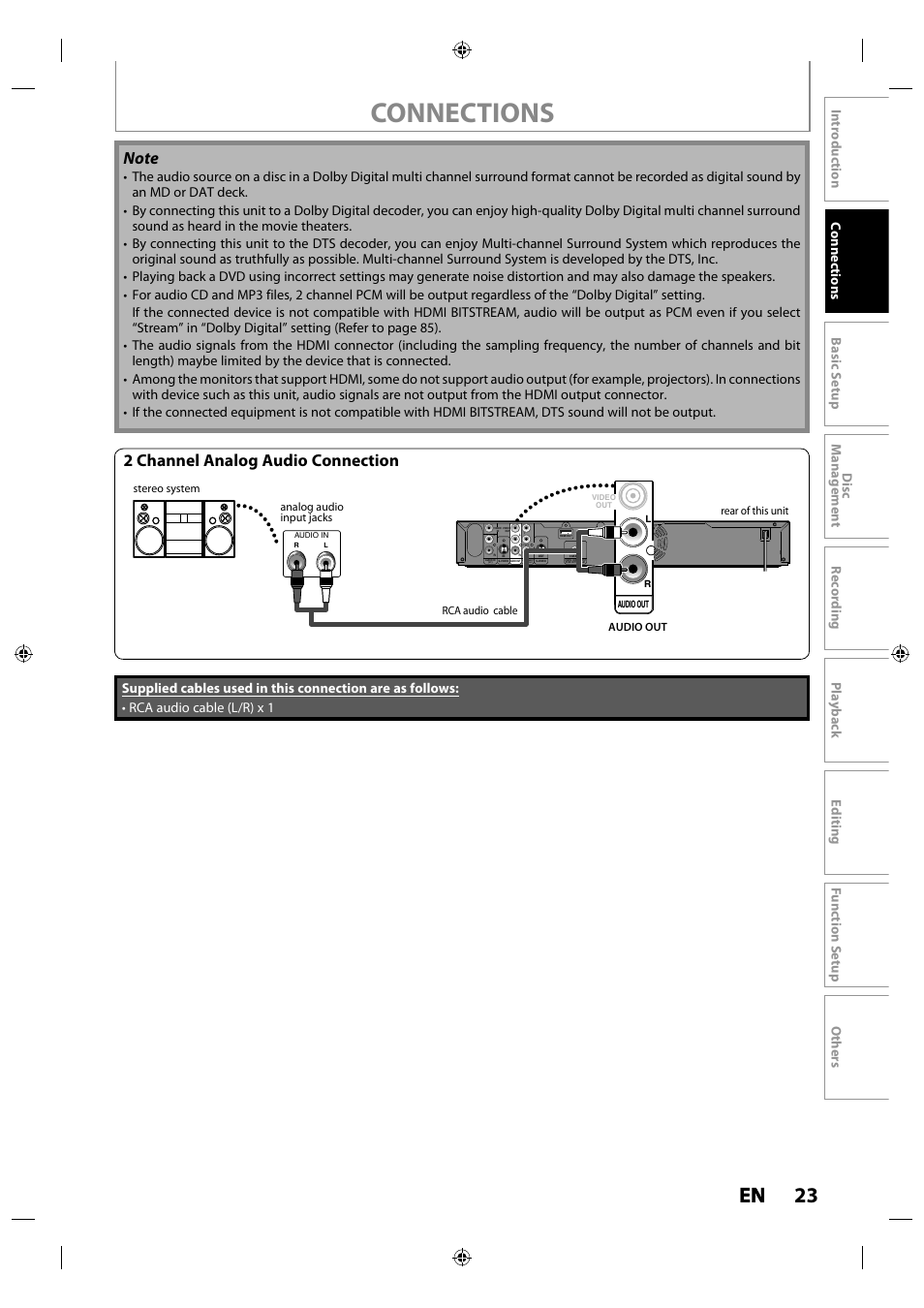 Connections, 23 en en, 2 channel analog audio connection | Pr/cr pb/cb | Toshiba DR430KU User Manual | Page 23 / 103