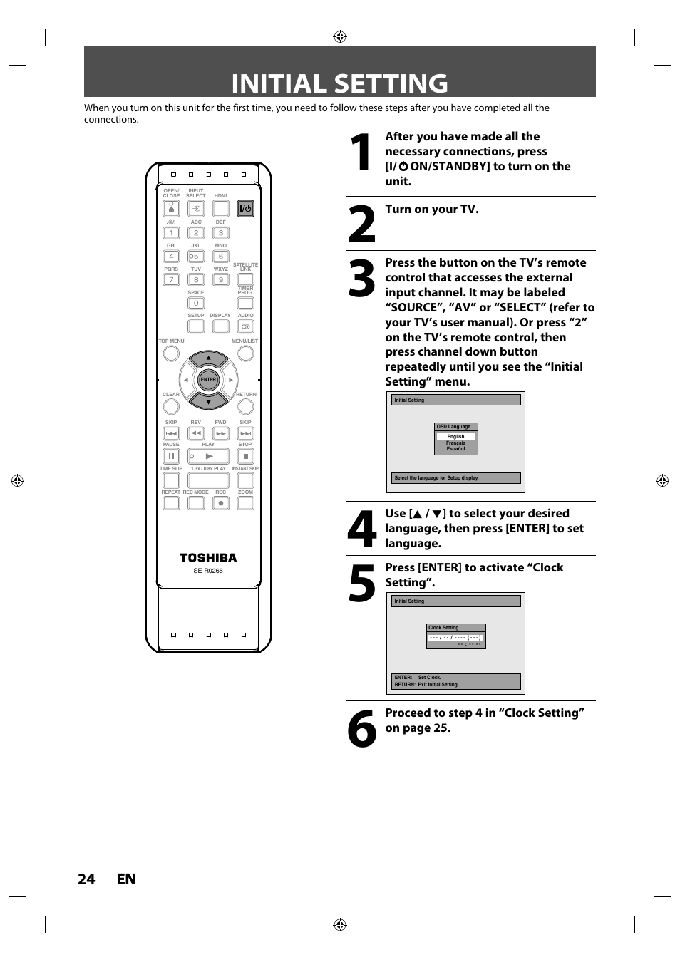 Initial setting, 24 en en | Toshiba DR430KU User Manual | Page 24 / 103