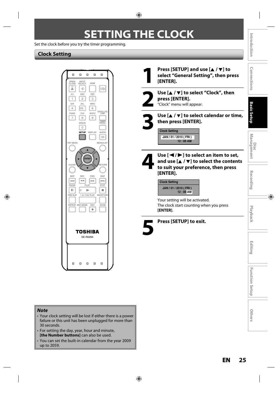 Setting the clock, 25 en en, Clock setting | Toshiba DR430KU User Manual | Page 25 / 103