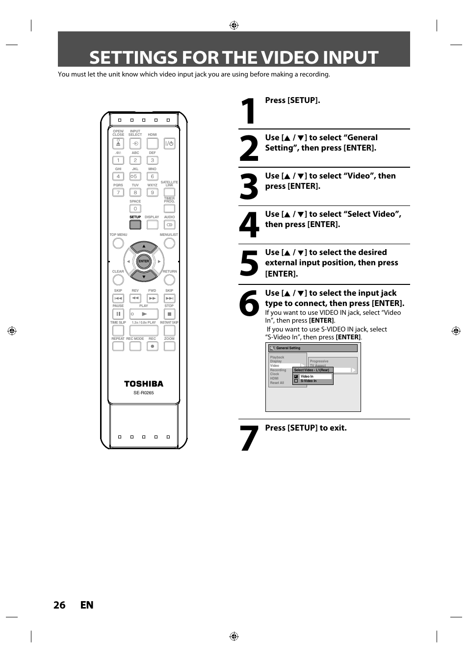 Settings for the video input, 26 en en | Toshiba DR430KU User Manual | Page 26 / 103
