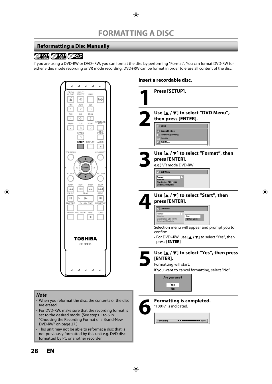 Formatting a disc, 28 en en, Reformatting a disc manually | Toshiba DR430KU User Manual | Page 28 / 103