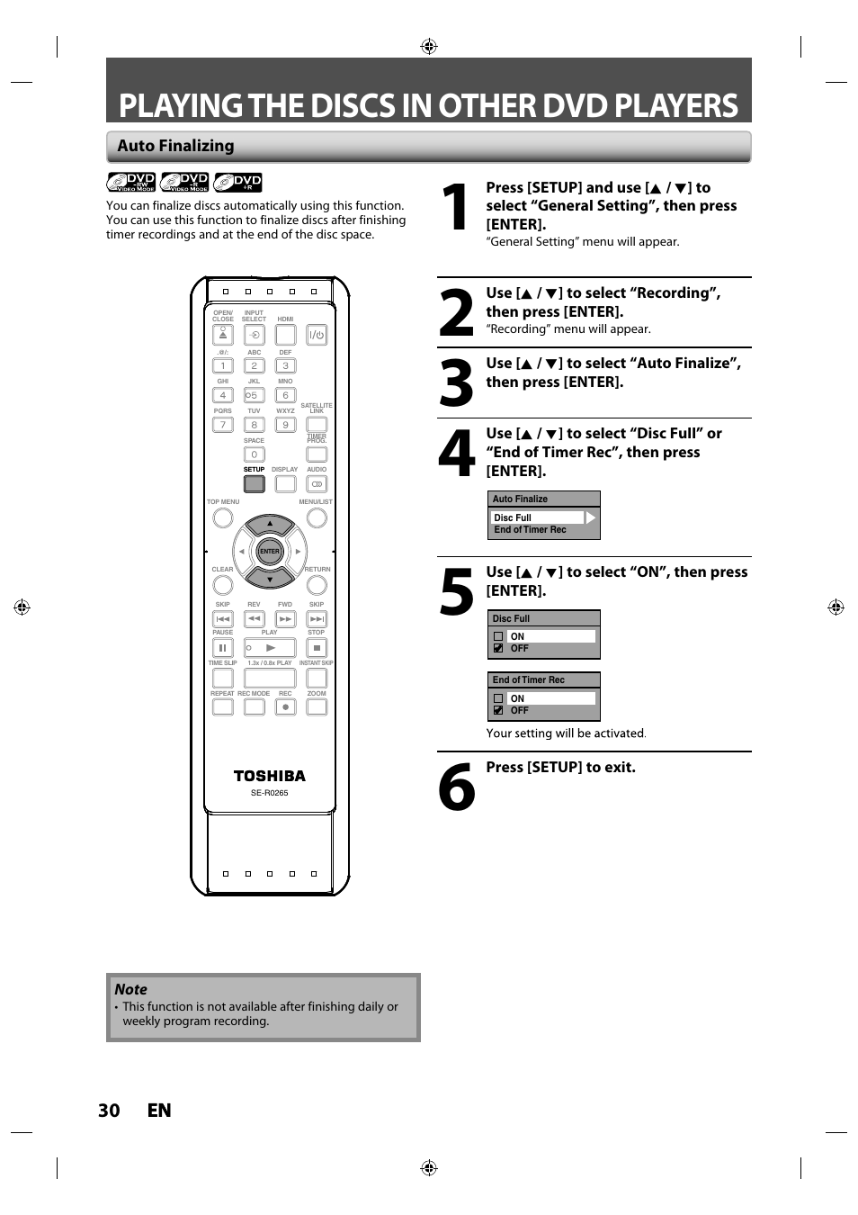 Playing the discs in other dvd players, 30 en en | Toshiba DR430KU User Manual | Page 30 / 103