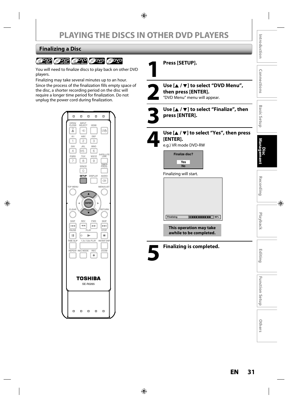 Playing the discs in other dvd players, 31 en en, Finalizing a disc | Toshiba DR430KU User Manual | Page 31 / 103