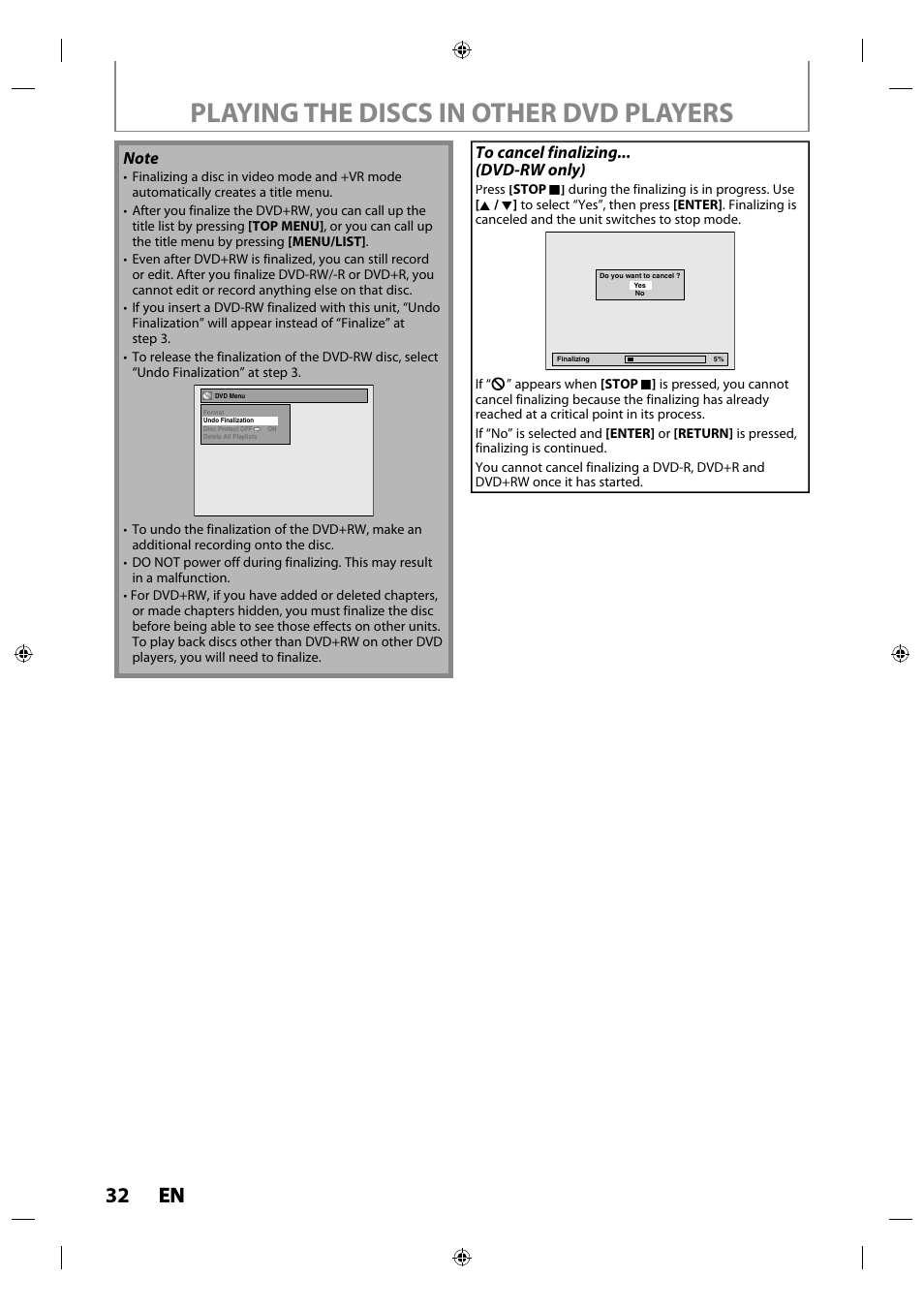 Playing the discs in other dvd players, 32 en en | Toshiba DR430KU User Manual | Page 32 / 103