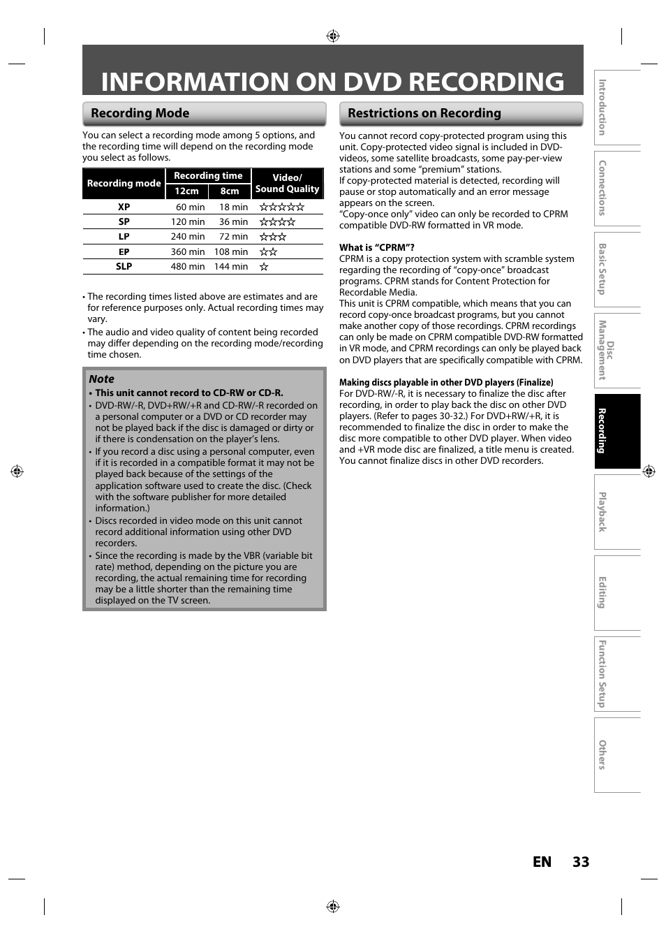 Information on dvd recording, 33 en en, Recording mode | Restrictions on recording | Toshiba DR430KU User Manual | Page 33 / 103