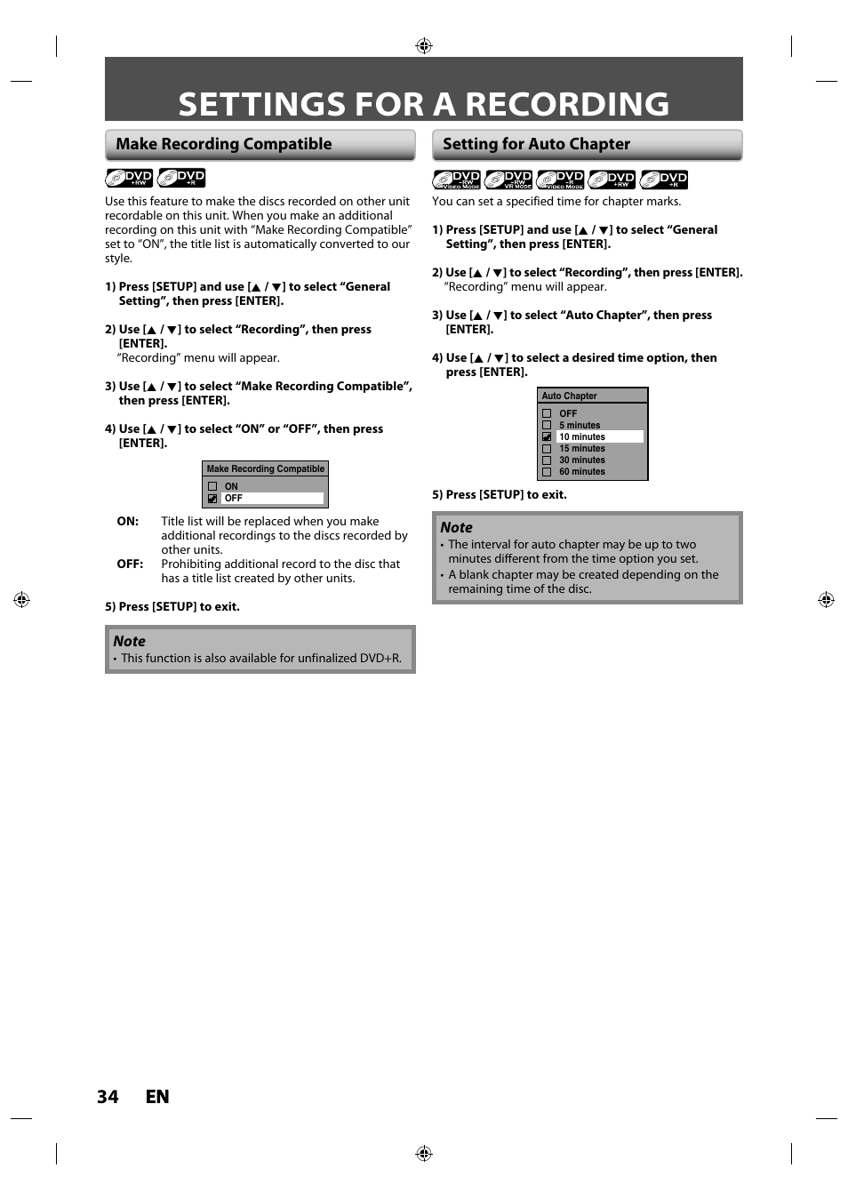 Settings for a recording, 34 en en, Make recording compatible setting for auto chapter | Toshiba DR430KU User Manual | Page 34 / 103