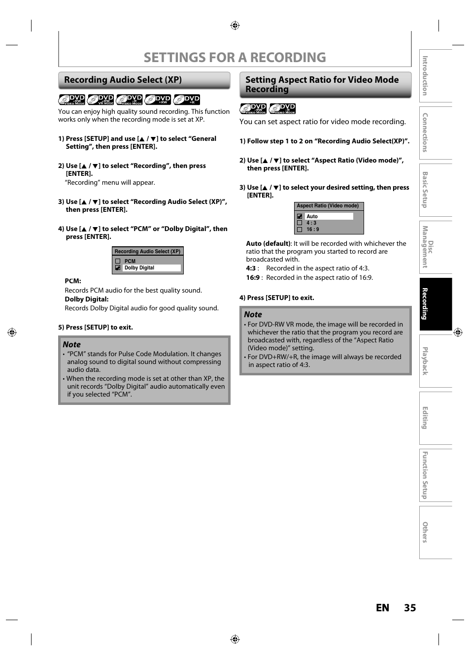 Settings for a recording, 35 en en | Toshiba DR430KU User Manual | Page 35 / 103