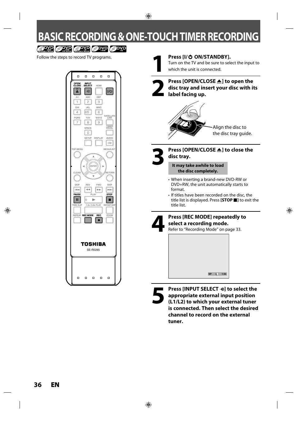 Basic recording & one-touch timer recording, 36 en en | Toshiba DR430KU User Manual | Page 36 / 103