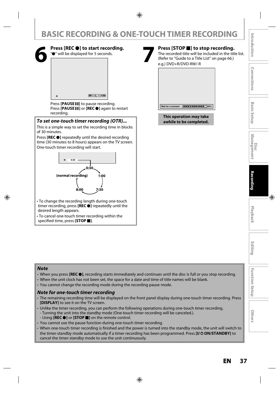 Basic recording & one-touch timer recording, 37 en en | Toshiba DR430KU User Manual | Page 37 / 103