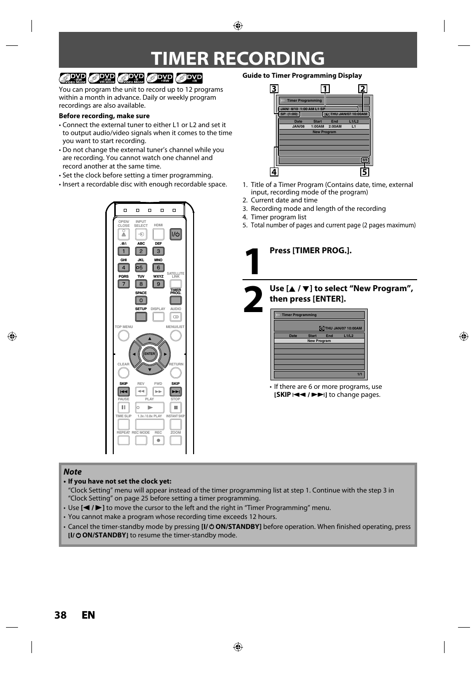 Timer recording, 38 en en, Press [timer prog | Toshiba DR430KU User Manual | Page 38 / 103