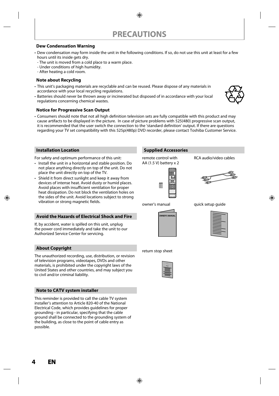 Precautions, 4en en | Toshiba DR430KU User Manual | Page 4 / 103