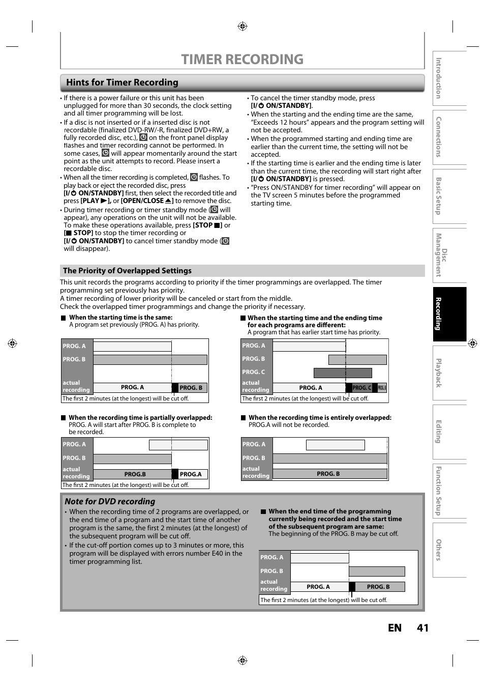 Timer recording, 41 en en, Hints for timer recording | Toshiba DR430KU User Manual | Page 41 / 103