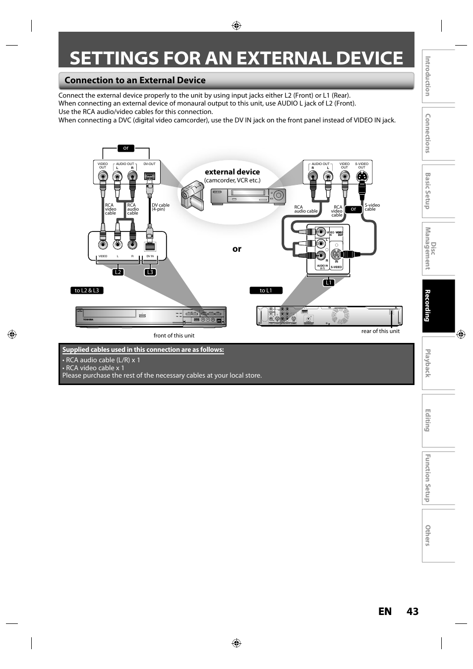 Settings for an external device, 43 en en, Connection to an external device | External device, Pr/cr, Component video out, Camcorder, vcr etc.) | Toshiba DR430KU User Manual | Page 43 / 103