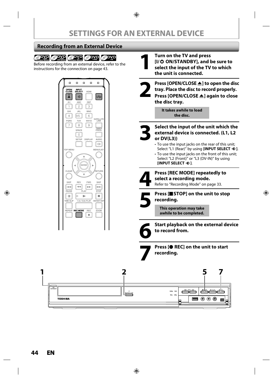 Settings for an external device, 44 en en | Toshiba DR430KU User Manual | Page 44 / 103