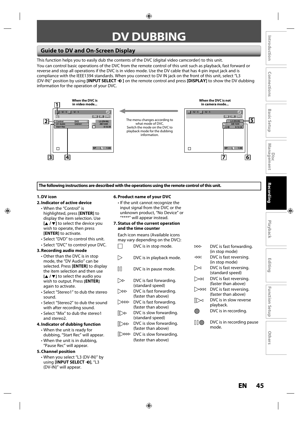 Dv dubbing, 45 en en, Guide to dv and on-screen display | Toshiba DR430KU User Manual | Page 45 / 103