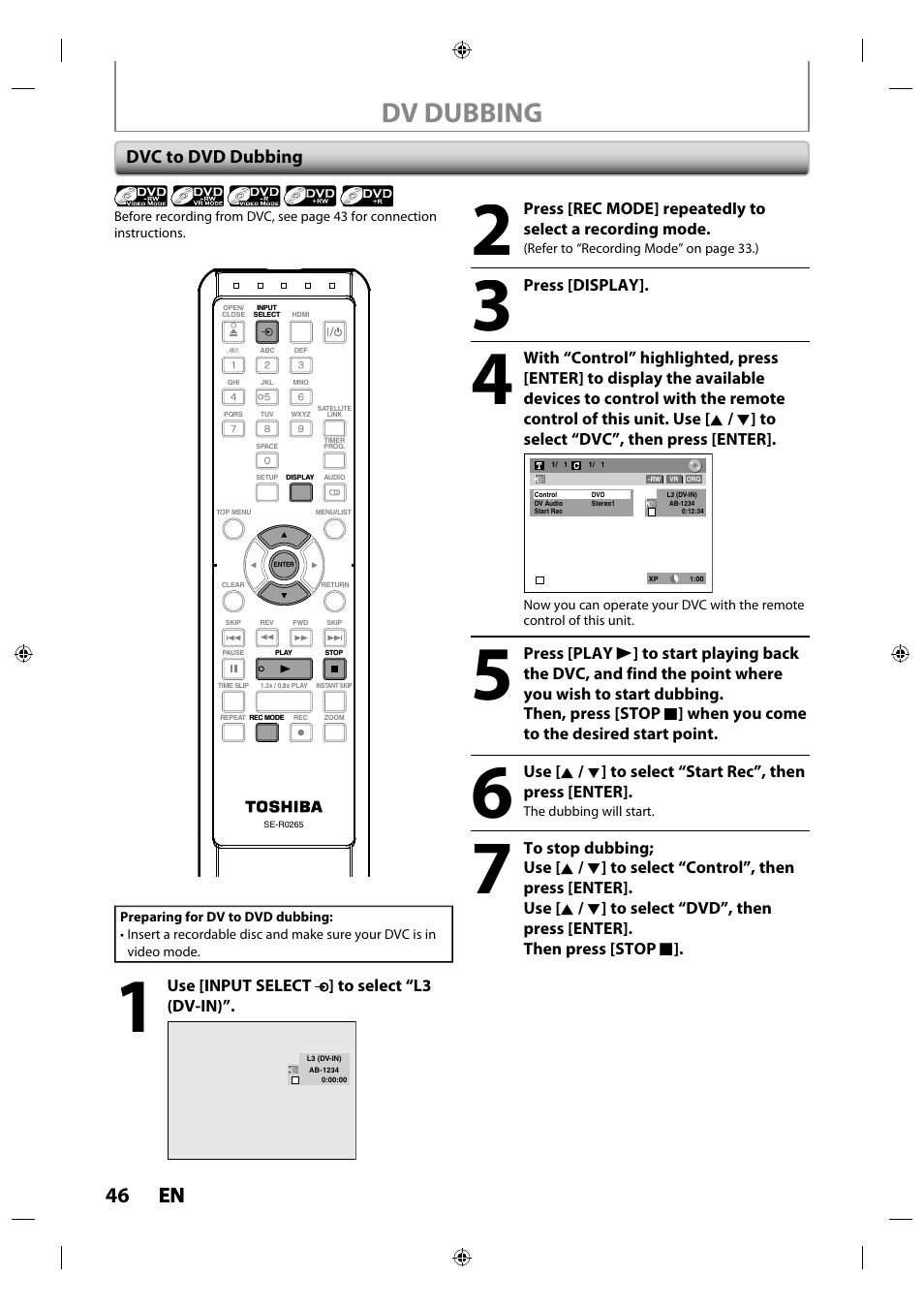 Dv dubbing, 46 en en, Dvc to dvd dubbing | Toshiba DR430KU User Manual | Page 46 / 103