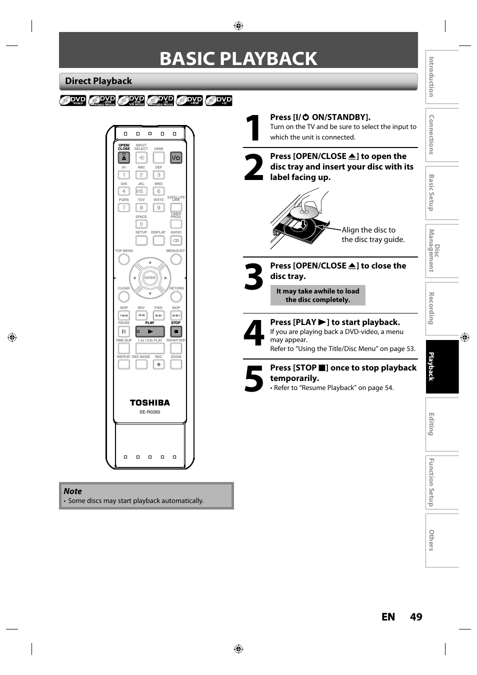 Basic playback, 49 en en, Direct playback | Toshiba DR430KU User Manual | Page 49 / 103