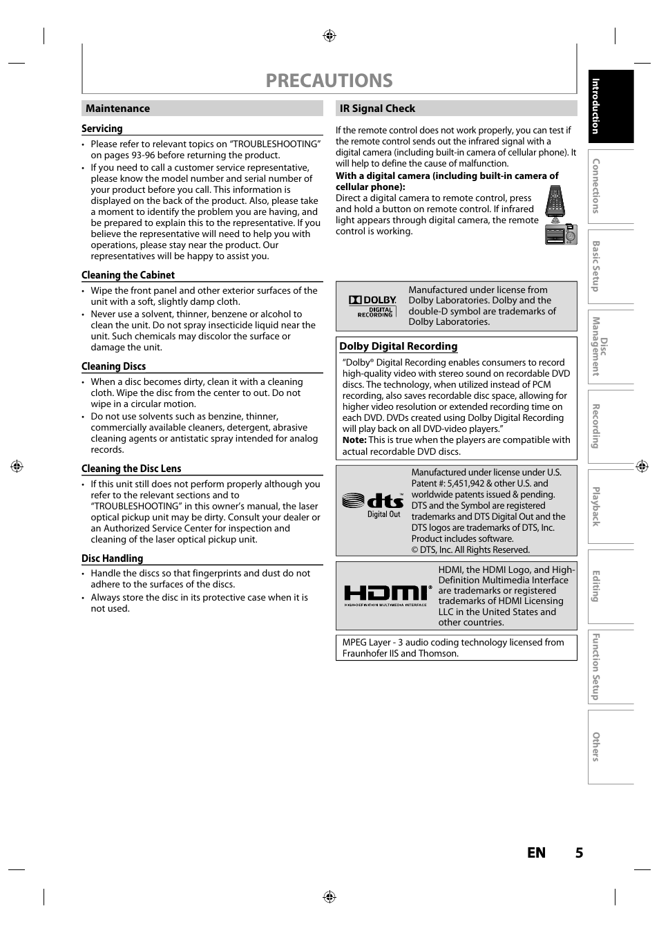 Precautions, 5en en | Toshiba DR430KU User Manual | Page 5 / 103