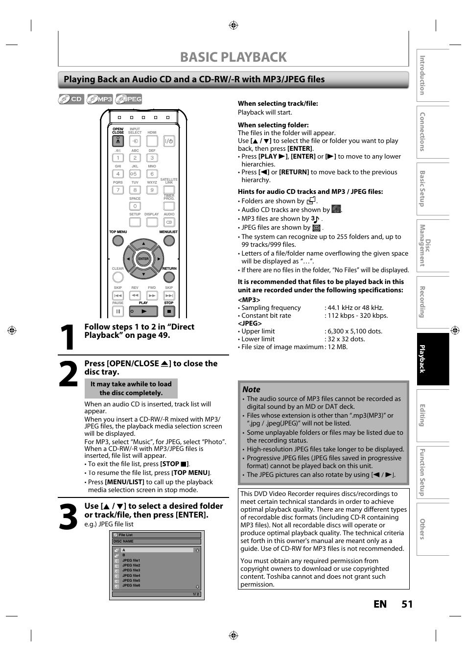 Basic playback, 51 en en, Press [open/close a ] to close the disc tray | Toshiba DR430KU User Manual | Page 51 / 103