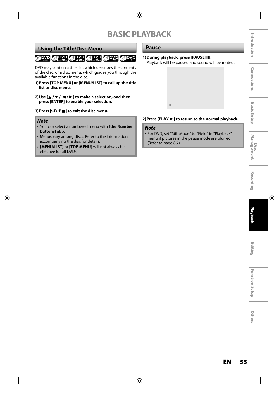Basic playback, 53 en en, Using the title/disc menu | Pause | Toshiba DR430KU User Manual | Page 53 / 103