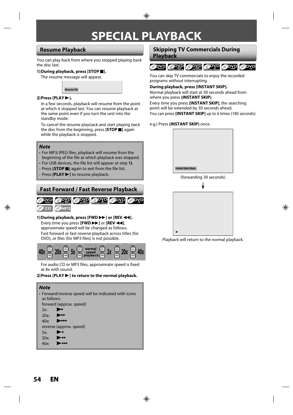 Special playback, 54 en en, Resume playback | Toshiba DR430KU User Manual | Page 54 / 103