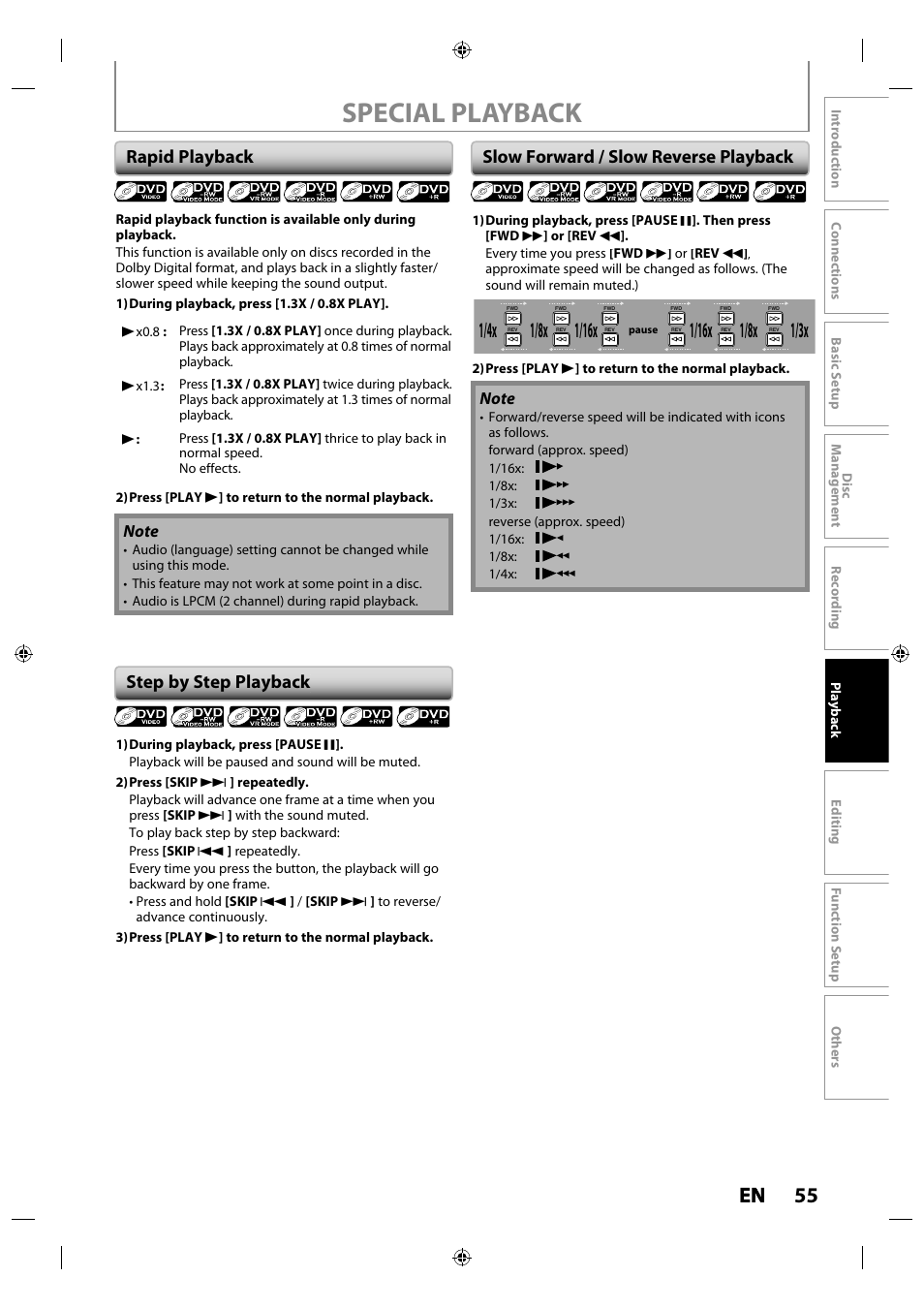 Special playback, 55 en en, 1/8x | Rapid playback, Step by step playback, Slow forward / slow reverse playback | Toshiba DR430KU User Manual | Page 55 / 103