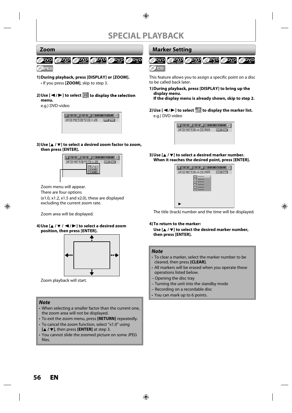Special playback, 56 en en, Zoom | Marker setting | Toshiba DR430KU User Manual | Page 56 / 103
