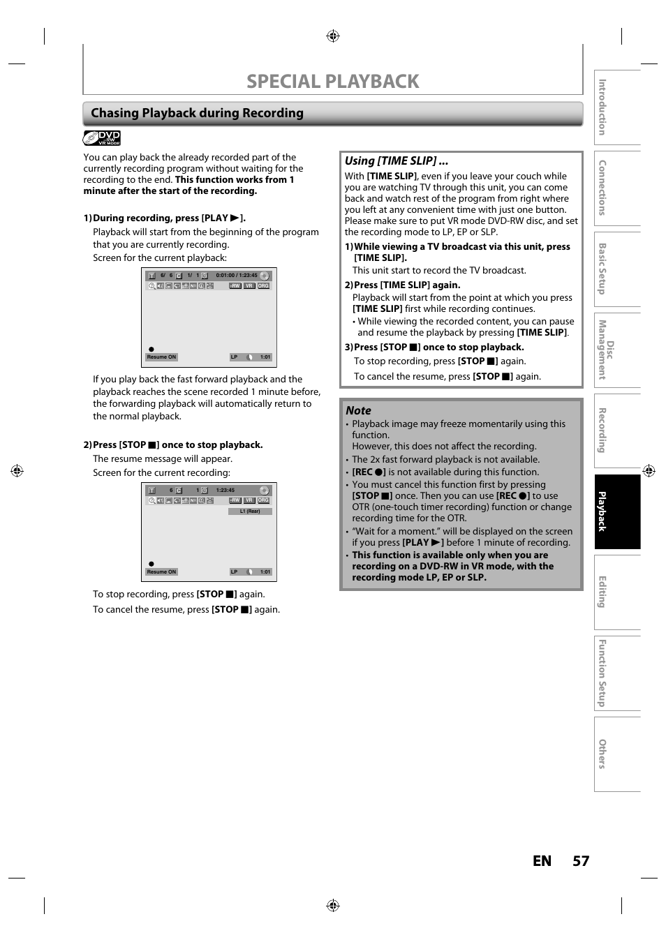 Special playback, 57 en en, Chasing playback during recording | Using [time slip | Toshiba DR430KU User Manual | Page 57 / 103