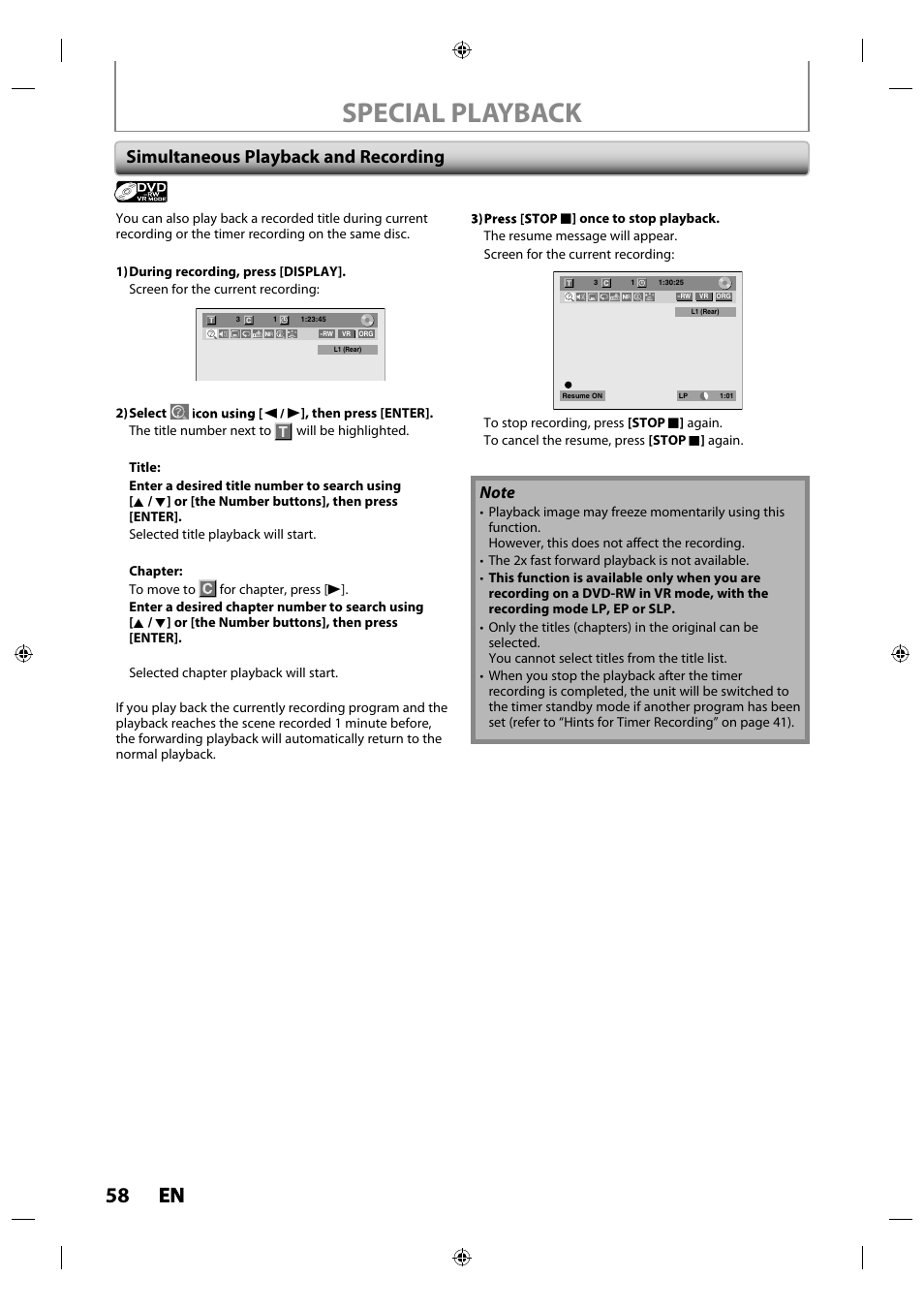 Special playback, 58 en en, Simultaneous playback and recording | Toshiba DR430KU User Manual | Page 58 / 103