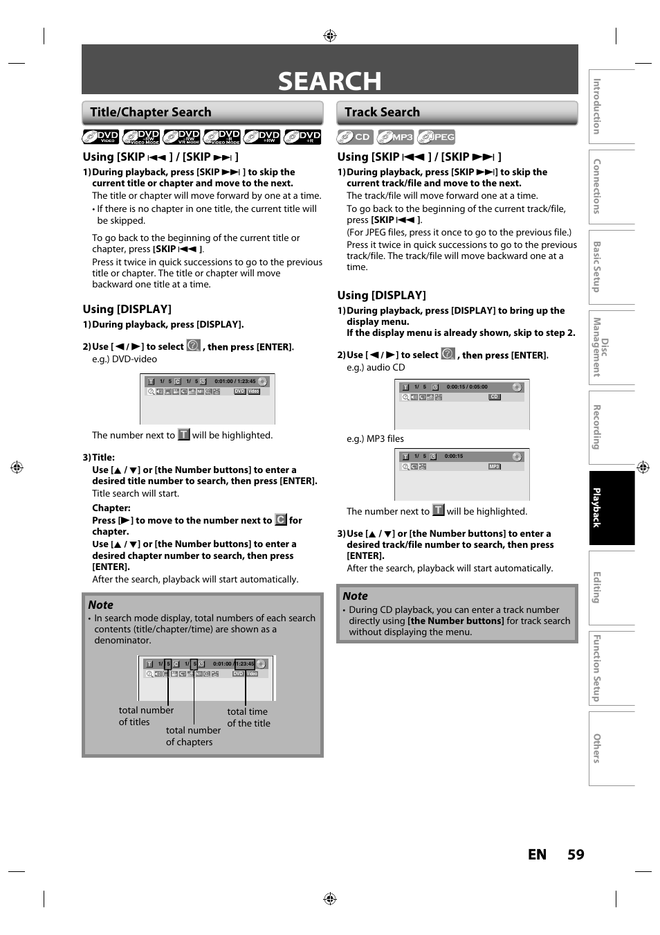 Search, 59 en en, Title/chapter search | Track search | Toshiba DR430KU User Manual | Page 59 / 103