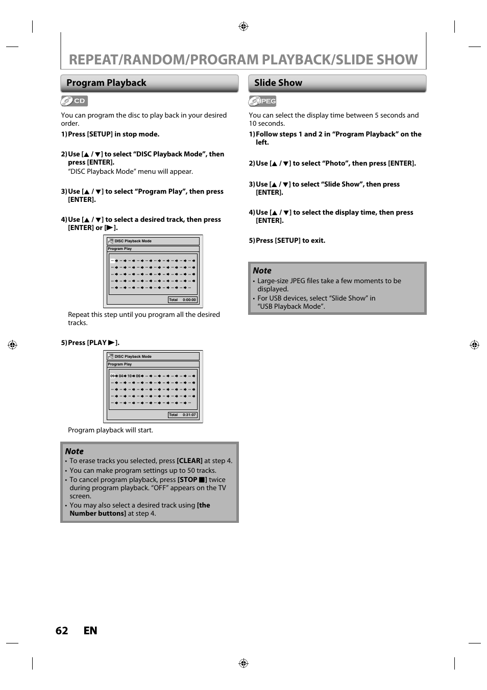 Repeat/random/program playback/slide show, 62 en en, Program playback | Slide show, Program playback will start | Toshiba DR430KU User Manual | Page 62 / 103